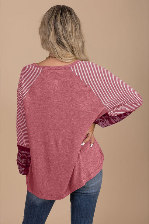Contrast Print Striped Raglan Crew Neck Loose Long Sleeve Top